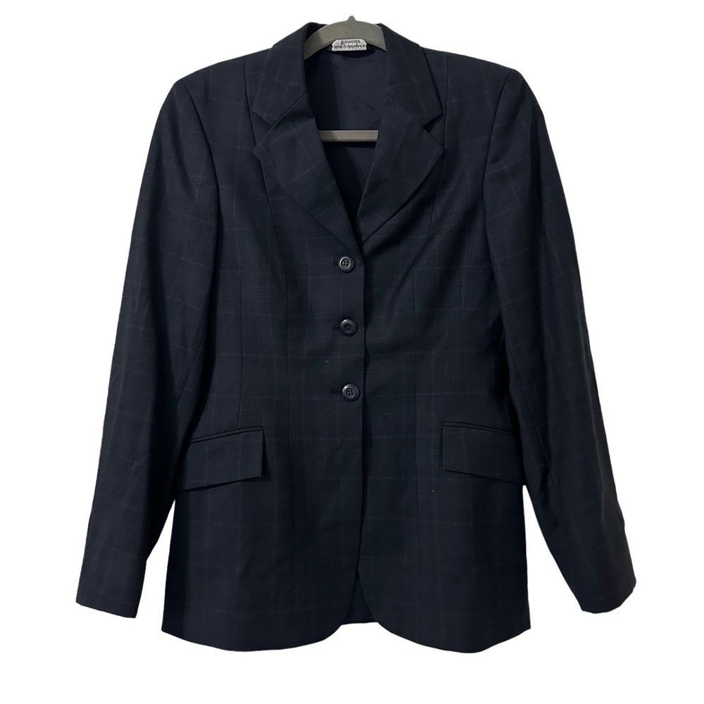 Grand Prix Women’s Navy‎ Blue Plaid Wool Equestrian Blazer Size 10 Tall